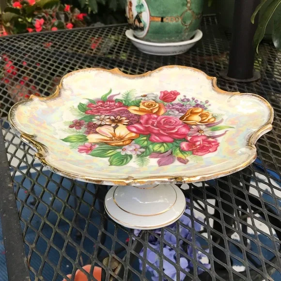 Vintage Lusterware Luster Vibrant Floral Pedestal Compote Gorgeous! - Picture 10 of 10